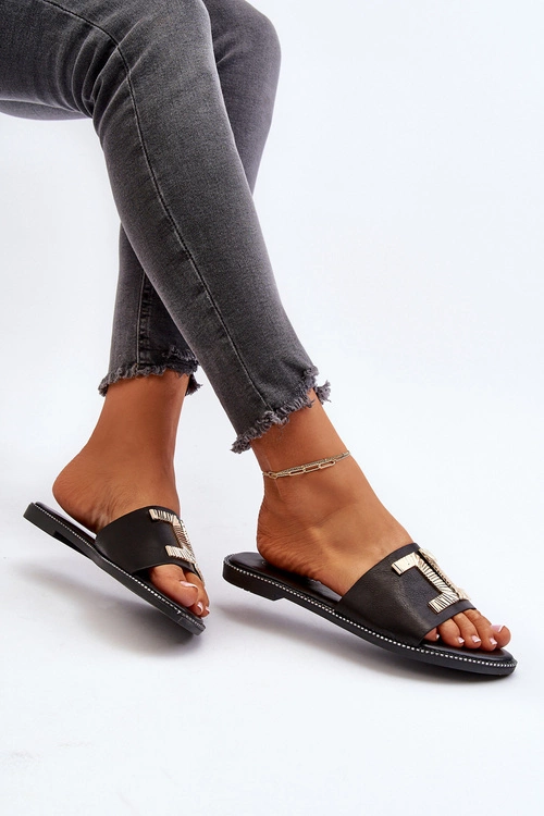 Klapki Damskie Z Ozdobą Czarne Ollavia