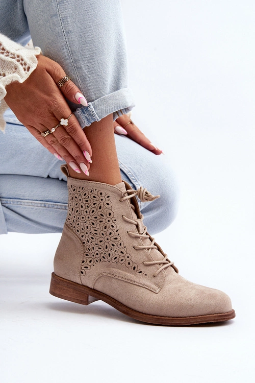 S.Barski HY66-136 Damskie Botki Ze Wzorem Jasnobeżowe