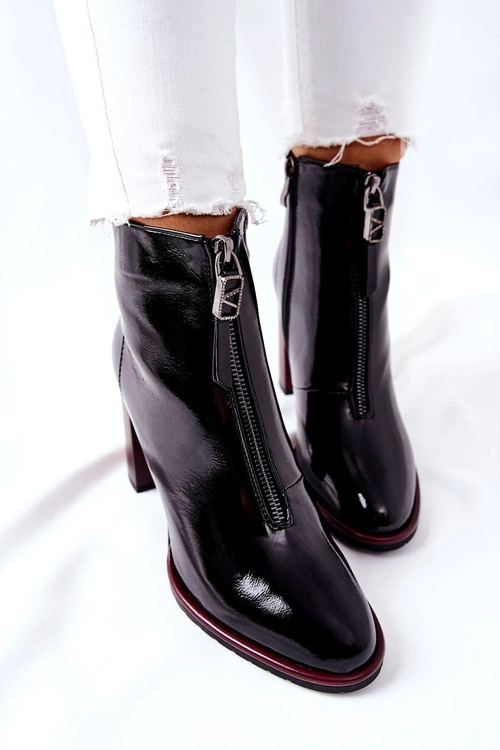 Damskie Botki Czarne Lakierowane na Słupku Cofton