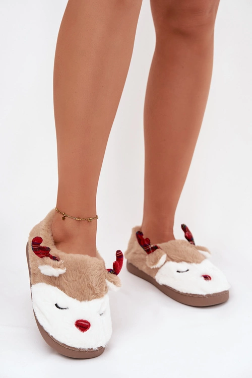 Kapcie Świąteczne Damskie Z Motywem Renifera Futrzane Beżowe Orsella