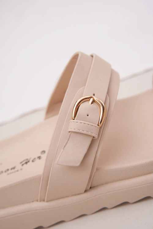 Klapki Damskie Na Platformie Ze Złotymi Klamrami Beżowe Wernone