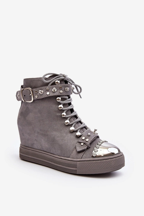 Ocieplane Botki Na Koturnie Z Dżetami Zamszowe Lu Boo Szare