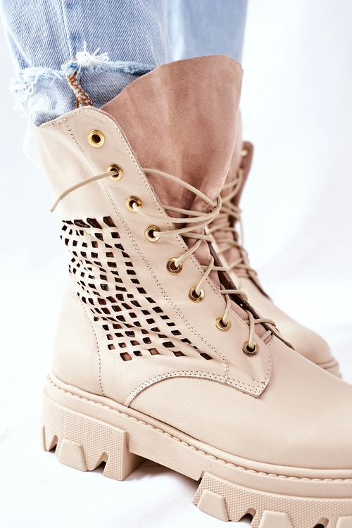 Damskie Skórzane Ażurowe Botki Trapery Beżowe Small Hootie