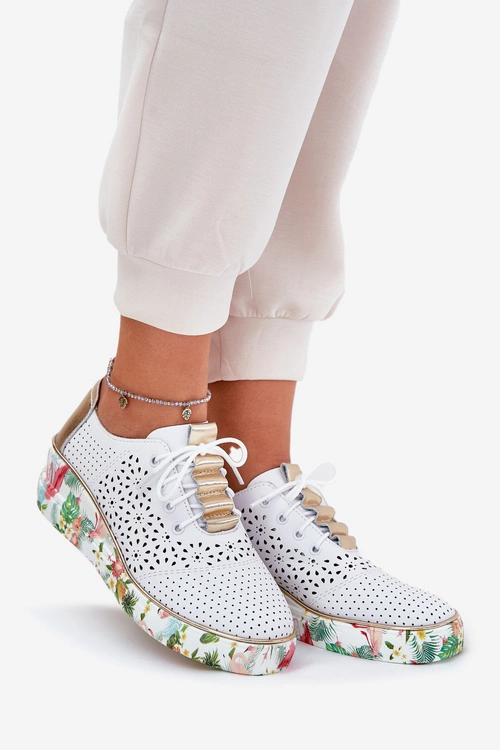 Skórzane Półbuty Damskie Na Koturnie Artiker 56C1800 Biało-Złote