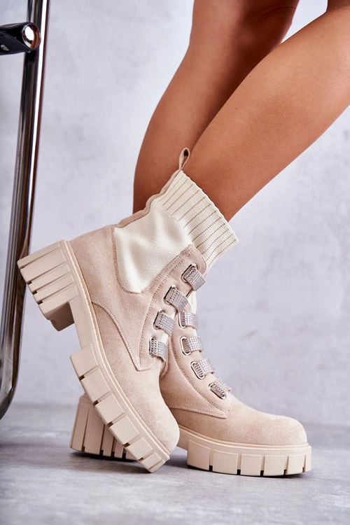 Zamszowe Wsuwane Botki Skarpetkowe Beżowe Hope