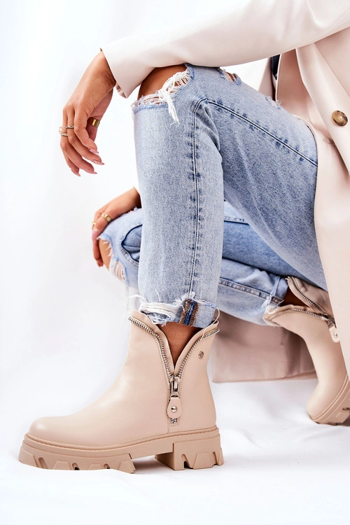 Skórzane Botki Ozdobne Suwaki Beżowe Deborah