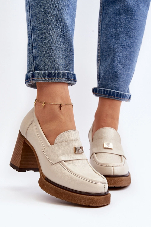 Zazoo 20169 Skórzane Półbuty Na Obcasie Beżowe