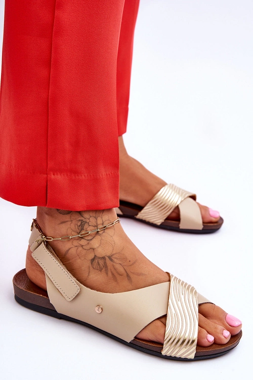 Skórzane Sandały Na Rzep Złoto-Beżowe Lemar Addison