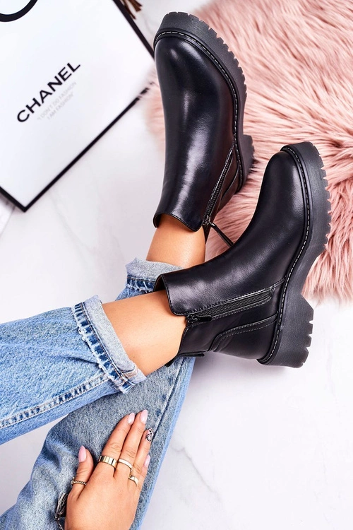 Damskie Ocieplane Botki Na Gumowej Podeszwie Czarne Moon Walk