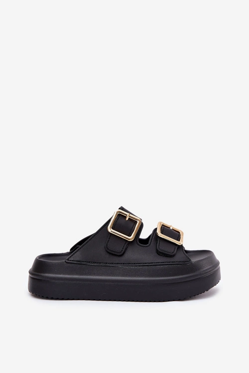 Klapki Damskie Na Platformie Ze Złotymi Klamrami Czarne Zorila