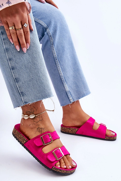 Damskie Klapki Na Korkowej Platformie Z Paskami Fuksja Doretta