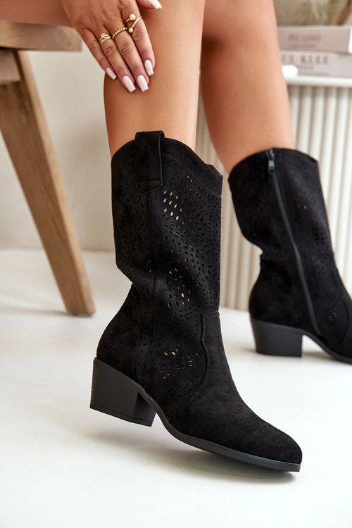 Ażurowe Damskie Botki Kowbojki Na Obcasie Czarne Iceda