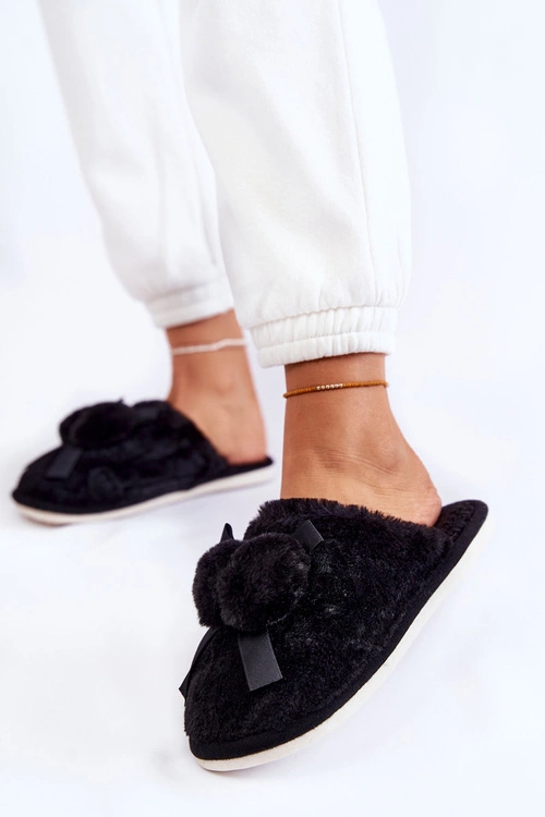 Damskie Futrzane Papcie Z Pomponami Czarne Castello