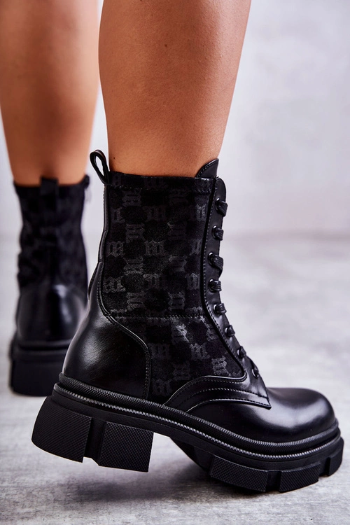 Wysokie Damskie Botki Wiązane Czarne Verlon