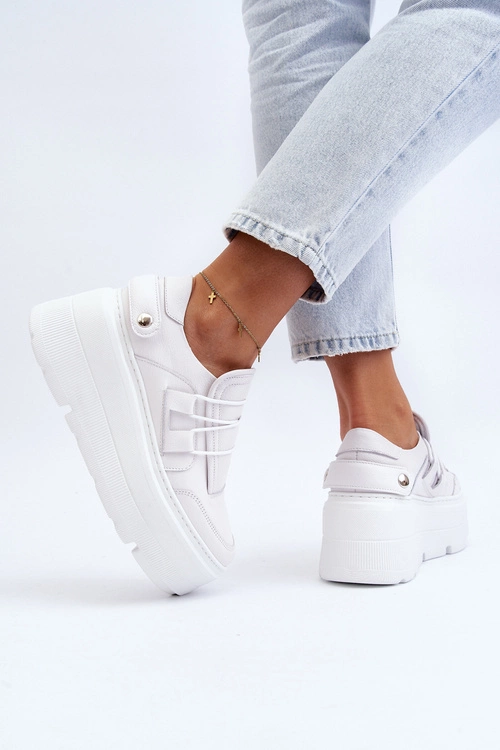 Zazoo 1833 Sneakersy Damskie Skórzane Na Masywnej Podeszwie Białe