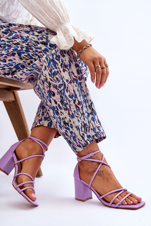 Skórzane Modne Damskie Sandały Na Obcasie Fioletowe Primma