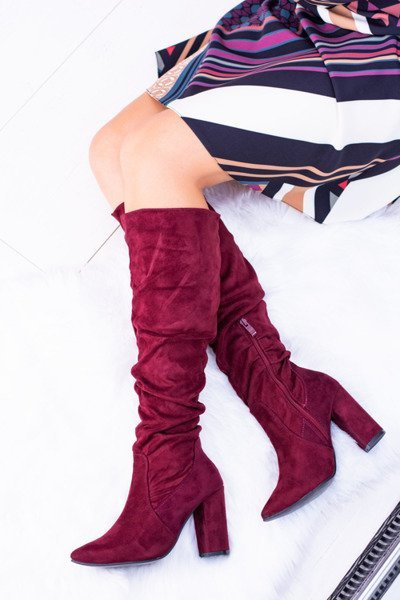 Kozaki Damskie Na Obcasie W Szpic Zamszowe Bordowe Nightcall