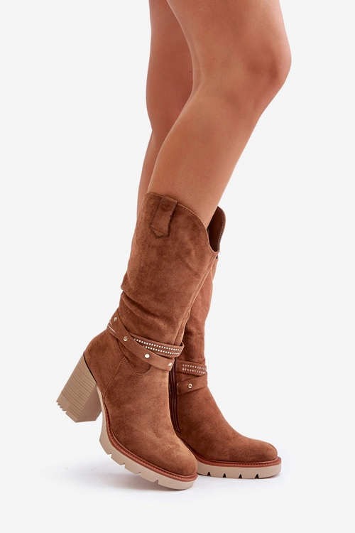 Kozaki Damskie Do Połowy Łydki Na Słupku Ocieplane Camel Ivanelis