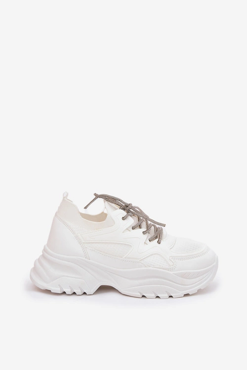 Sneakersy Damskie Na Platformie Ozdobnym Sznurowaniem Białe Evalianne