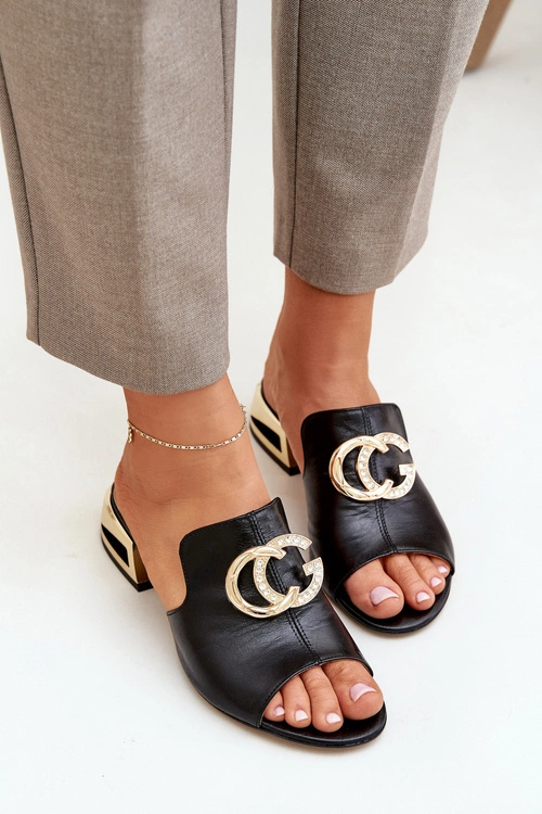 Skórzane Eleganckie Klapki Damskie Na Niskim Obcasie Laura Messi 2874 Czarne