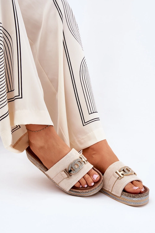 Klapki Damskie Ze Złotym Detalem Na Platformie Z Brokatem Beżowe Eanes