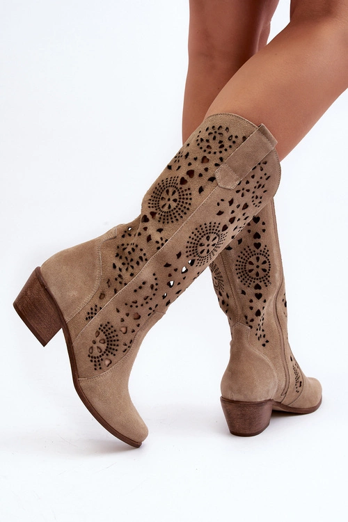 Zazoo 3396 Zamszowe Ażurowe Kozaki Do Połowy Łydki Jasnobeżowe