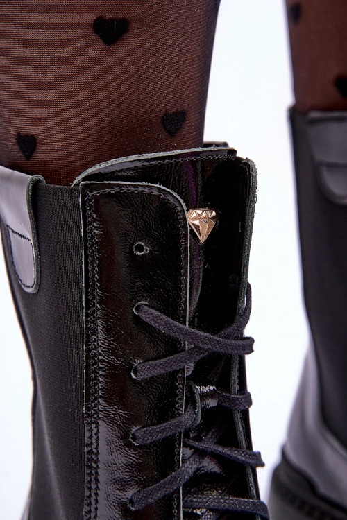 Skórzane Damskie Botki Workery Sznurowane Czarne Nicole 2836