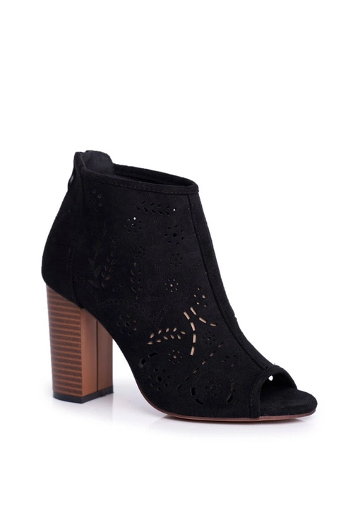 Botki Damskie Na Słupku Zamszowe Ażurowe Czarne Papillon