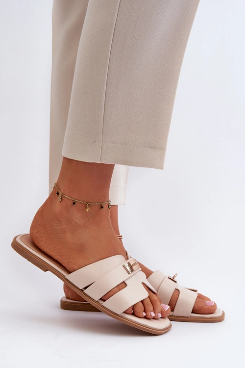 Klapki Damskie Płaskie Z Ozdobą Beżowe Kavinia