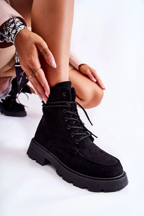 Damskie Zamszowe Botki Wiązane Czarne Vanita