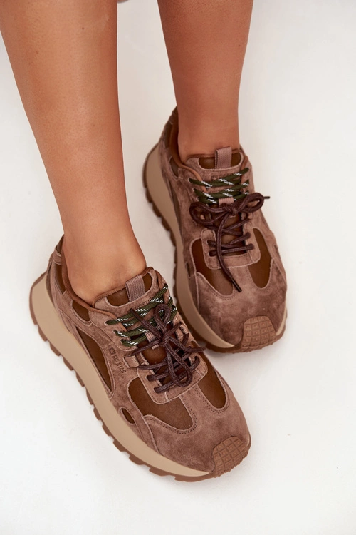 Skórzane Sneakersy Na Platformie Damskie Big Star SS274626 HI-POLY SYSTEM Camel