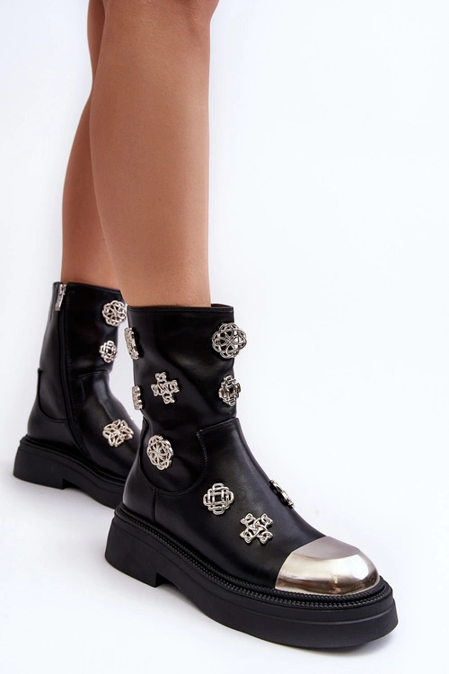 Skórzane Ocieplane Botki Z Ozdobami D&A MR870-14A Czarne