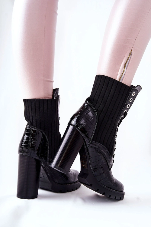 Damskie Botki Na Słupku Wysokie Wzór Krokodyla Czarne Erdogan