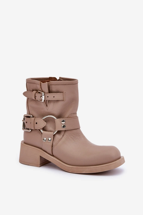 Skórzane Botki Damskie Na Niskim Obcasie Klocku Z Paskami Zazoo 3644 Beżowe