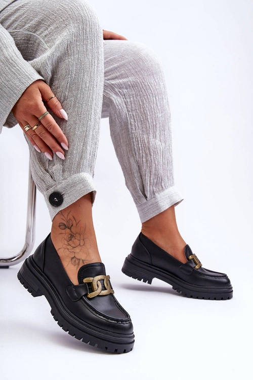 Mokasyny Damskie Na Platformie Z Ozdobą Czarne Ameg