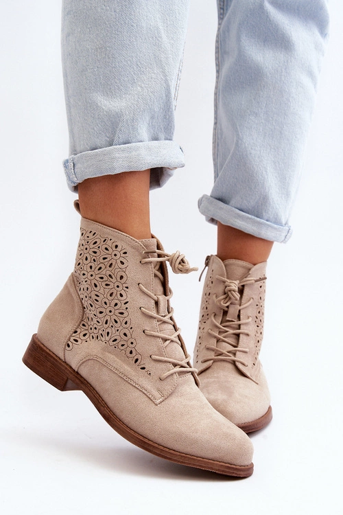 S.Barski HY66-136 Damskie Botki Ze Wzorem Jasnobeżowe