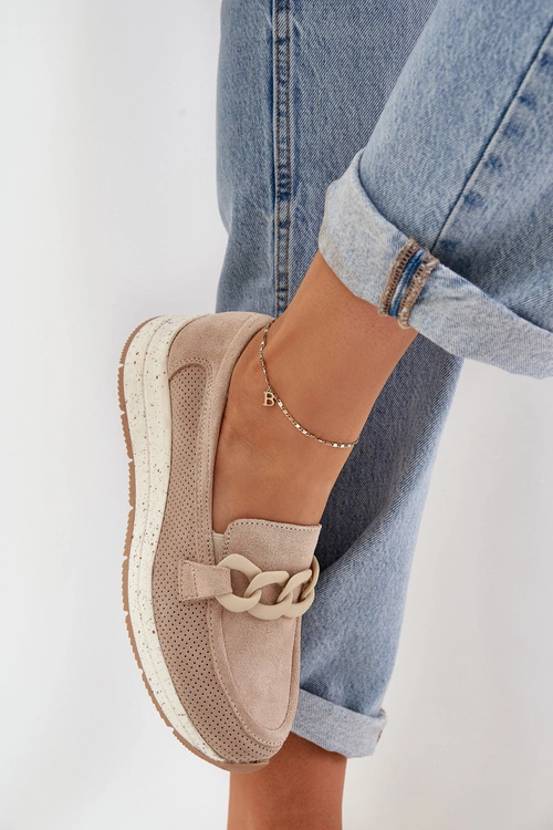 Zamszowe Mokasyny Na Platformie Z Łańcuchem D&A TW552 Beżowe