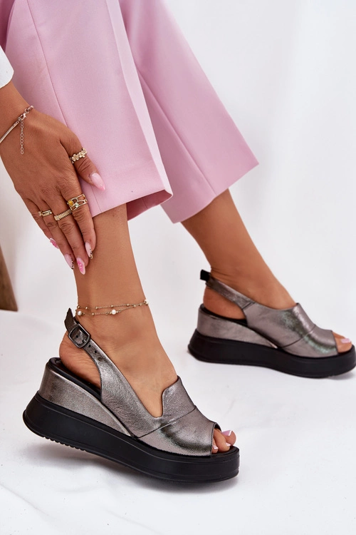 Skórzane Damskie Sandały Na Koturnie Artiker 54C0402 Grafitowe