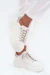 Sneakersy Damskie Na Platformie Z Ozdobnym Sznurowaniem I Brokatem Białe Belmira