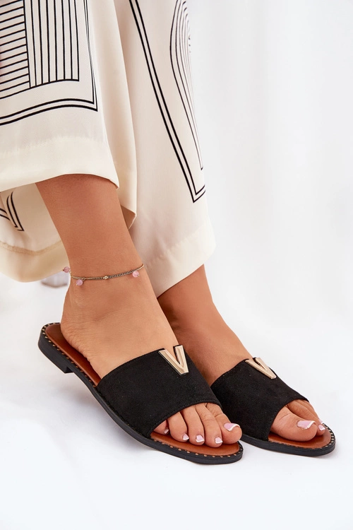 Klapki Damskie Na Płaskim Obcasie Z Ozdobnymi Detalami Czarne Saliena