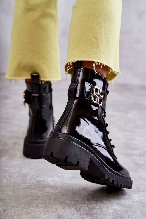 Lakierowane Damskie Ocieplane Botki Z Ozdobą Czarne Hayes