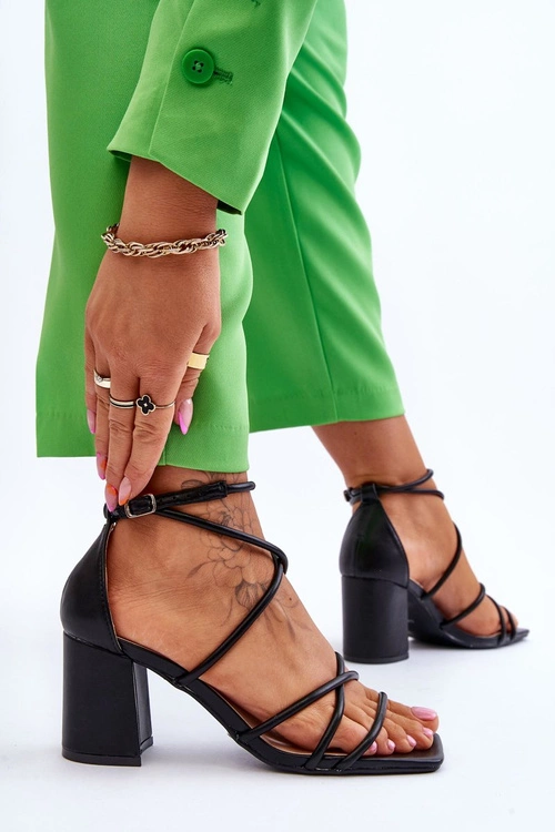 Skórzane Modne Damskie Sandały Na Obcasie Czarne Primma