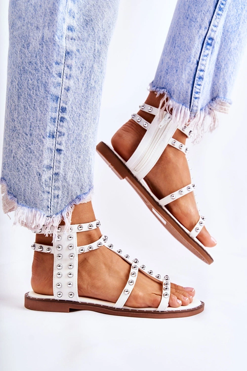 Damskie Sandały Na Suwak Z Ćwiekami Białe Cavos