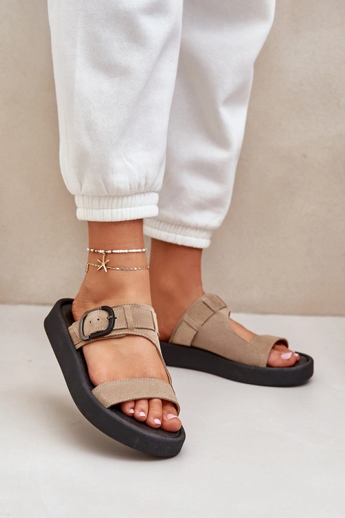 Zamszowe Klapki Damskie Na Platformie Zazoo 3024 Beżowe