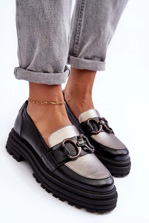 Półbuty Loafersy Damskie Skórzane Na Płaskim Obcasie Czarne Elkiza