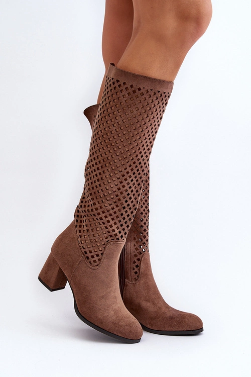 Ażurowe Kozaki Na Obcasie Zamszowe Brązowe Jolenna