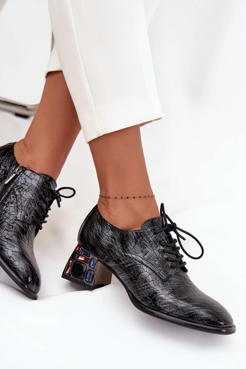 Skórzane Lakierowane Półbuty Damskie Na Obcasie Z Kryształkami Artiker 57C0072 Szare