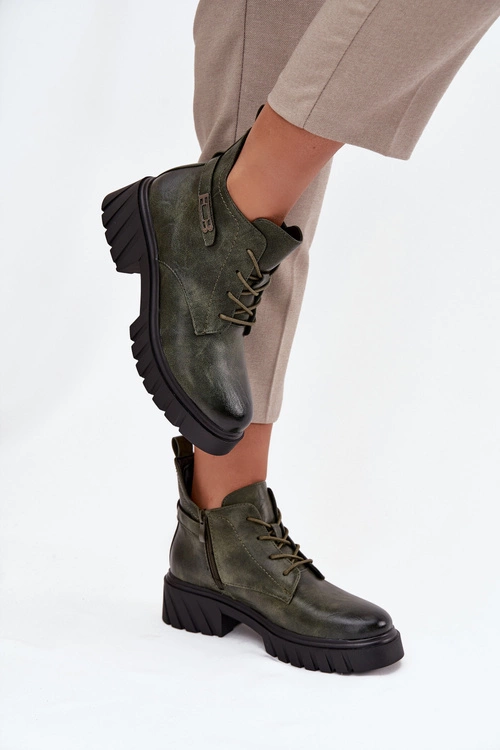 Niskie Ocieplane Botki Damskie Na Klocku Z Ozdobnym Paskiem Ciemnozielone Therisse