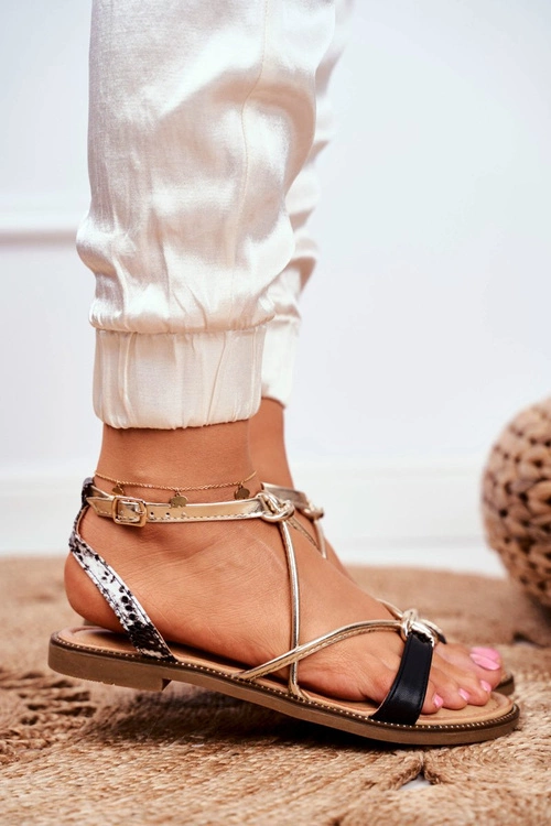 Skórzane Płaskie Sandały S.Barski LJ281 Czarno-Złote