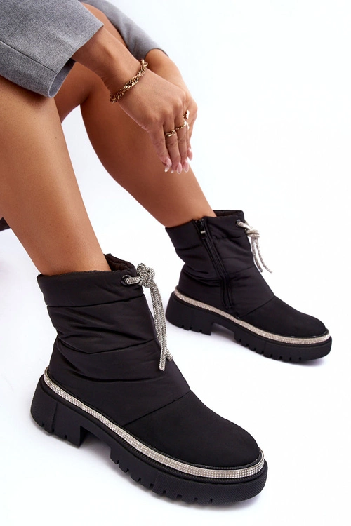 Zdobione Śniegowce Na Płaskim Obcasie Czarne Plotia